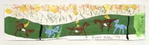 Horse and Riders (1973), Crayon and Gouache, 9.5 x 36cm