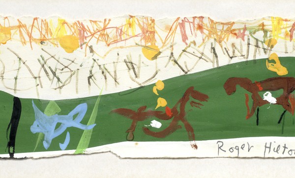 Horse and Riders (1973), Crayon and Gouache, 9.5 x 36cm