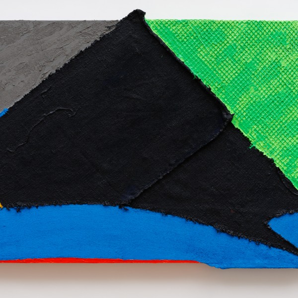 Bat Chain Puller (2012), Acrylic and Pumice on Sacking, Rubber Net, Cloth, Sailcloth and Canvas, 30 x 48 inches
