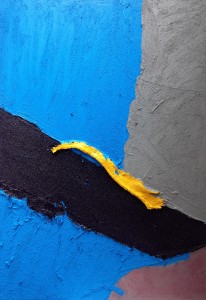 Blue Million Miles (2014), Acrylic and Pumice on Sailcloth, Hessian, Table Mats and Canvas, 39 x 28 inches
