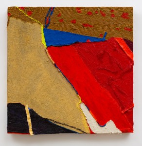 Doc at the Radar Station (2012), Acrylic on Onion Sacking, Hessian Scrim, Sacking, Cloth, Boot Lace and Canvas, 30 x 30 inches
