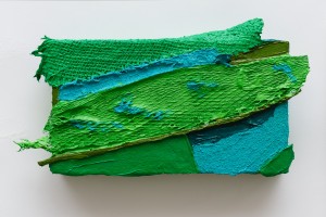 Grow Fins II (2011), Acrylic and Pumice on Sacking, Bird Feeder, Plastic Netting, Boot Lace, Cloth and Canvas, 5 x 9 inches