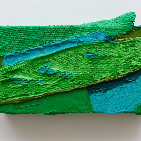 Grow Fins II (2011), Acrylic and Pumice on Sacking, Bird Feeder, Plastic Netting, Boot Lace, Cloth and Canvas, 5 x 9 inches