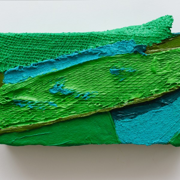 Grow Fins II (2011), Acrylic and Pumice on Sacking, Bird Feeder, Plastic Netting, Boot Lace, Cloth and Canvas, 5 x 9 inches