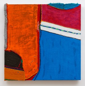Safe as Milk (2012), Acrylic and Pumice on Fruit Netting, Sacking, Scaffold Netting and Canvas, 39 x 39 inches