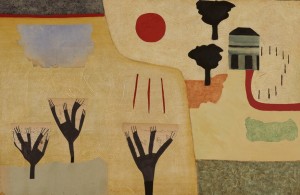 Red Sun (2014), Oil and Collage on Wood, 50 x 76cm