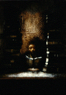Tower of Books (1997-99), Oil on Board, 10.25 x 7.25 inches